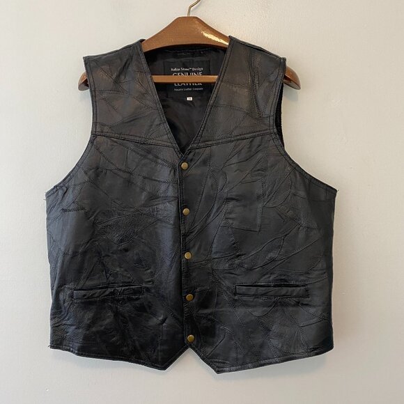 Italian Stone Design Genuine Leather Black Patchwork Snap Front Vest XXL - Picture 1 of 5